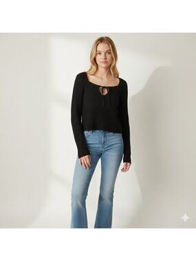 American Eagle Black Crochet Long Bell Sleeve Cropped Sweater Size XL Boho Y2k
